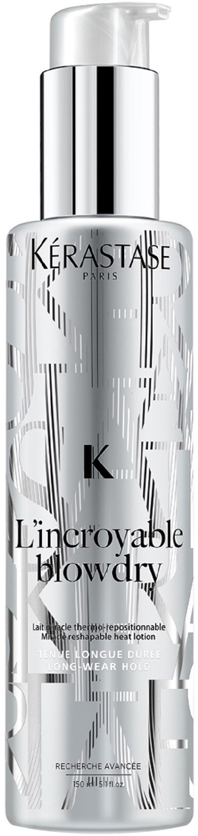 A sleek silver bottle with a pump features Kérastase branding and is labeled for a blow-dry product.