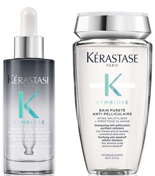 En flaske med Kérastase Symbiose anti-flasseshampoo og et serum for natten. Flasken er klar med sølvhette.