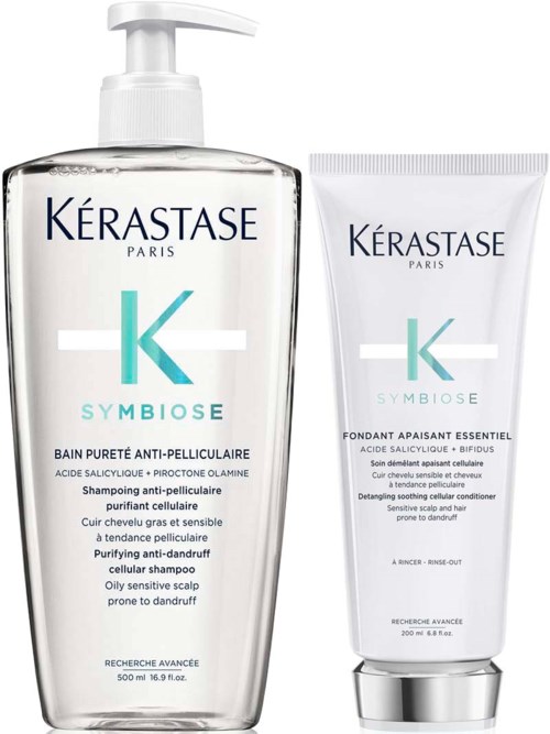 To hudpleieprodukter fra Kérastase, en i en klar flaske med pumpe og en annen i tube.