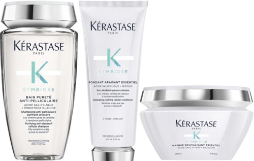 Et sett med hårpleieprodukter fra Kérastase, inkludert sjampo, balsam og revitaliseringsmaske.