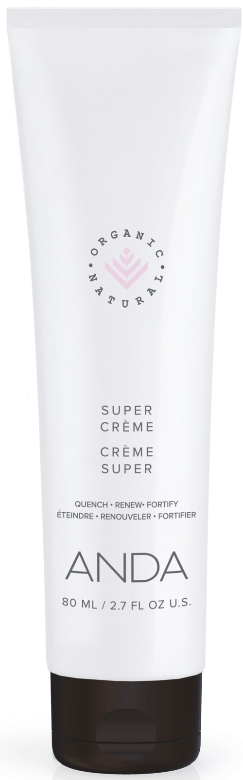 A white tube of skincare cream with black cap, labeled 'ANDA Super Crème' for skin nourishment, 80 ml.