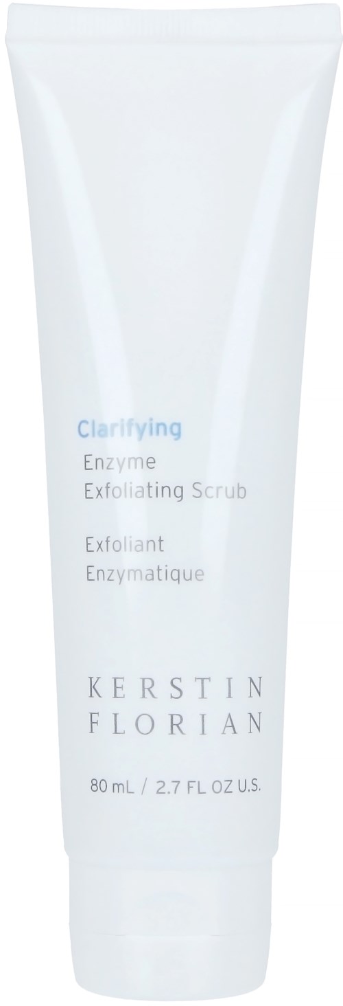 En vit tub med keratin-florian peeling scrub med blå och svart text. Tuben är vertikal och enkel.