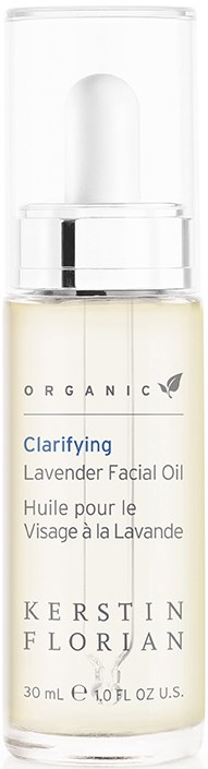 A small clear bottle with white liquid, labeled as lavender facial oil by Kerstin Florian, says organic and clarifying.