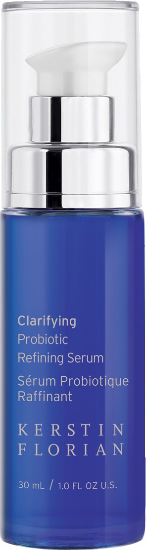 En blå flaska innehåller Clarifying Probiotic Refining Serum från Kerstin Florian, med pump upptill.