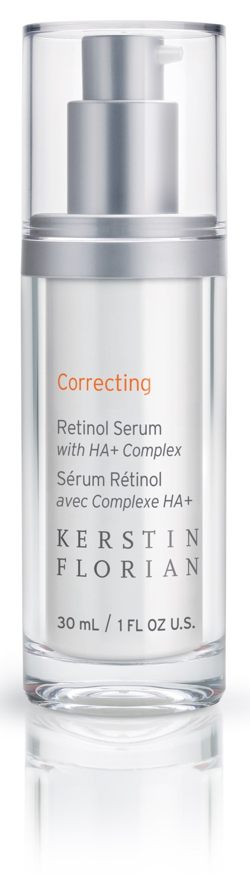 Läpinäkyvä pullo, jossa hopeanvärinen pumppu, etiketti: 'Correcting Retinol Serum with HA+ Complex', 30 ml.