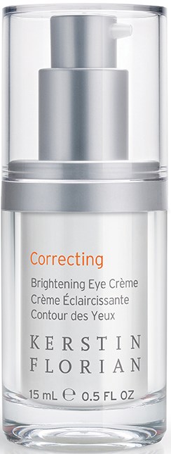 En hvit kosmetikkflaske med pumpe, merket "Correcting Brightening Eye Crème" av Kerstin Florian.