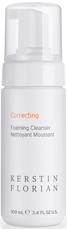 A white bottle of foaming cleanser with a pump, labeled 'Correcting' by Kerstin Florian, 100 ml.