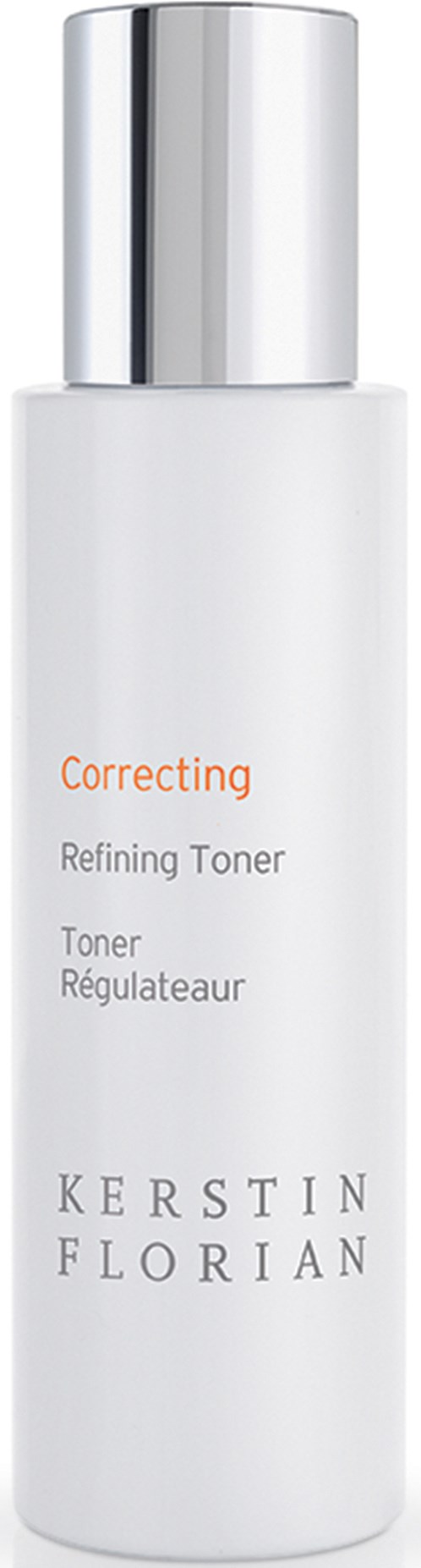 A white bottle with a silver cap, labeled 'Correcting Refining Toner' by Kerstin Florian.
