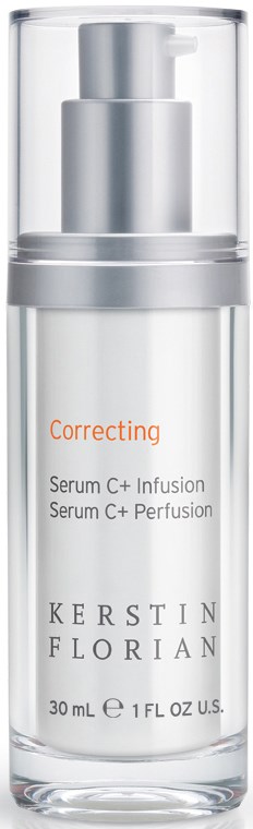 En hudvårdsserumflaska märkt 'Kerstin Florian' med orange 'Correcting'-text och pump,
