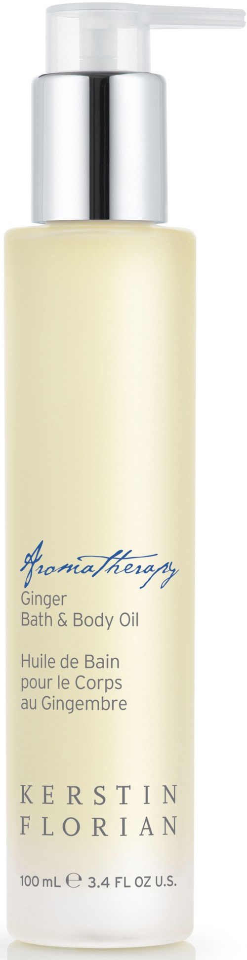 En lång, vit flaska med spraymunstycke, märkt 'Ginger Bath & Body Oil' av Kerstin Florian.