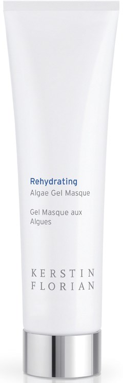 Vit tub med blå och svart text, märkt Rehydrating Algae Gel Mask av Kerstin Florian.