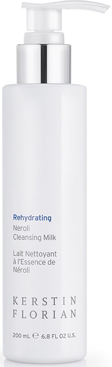 A white bottle with a pump labeled "Rehydrating Neroli Cleansing Milk" by Kerstin Florian, 200 ml.