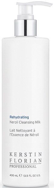 A white bottle with a pump, labeled 'Rehydrating Neroli Cleansing Milk' by Kerstin Florian, 400 ml.