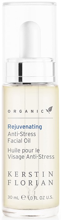 En klar flaska ansiktsolja märkt 'Rejuvenating Anti-Stress' från Kerstin Florian, med pumptop.
