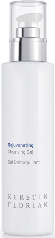En vit flaska med pump, märkt 'Rejuvenating Cleansing Gel' av Kerstin Florian.