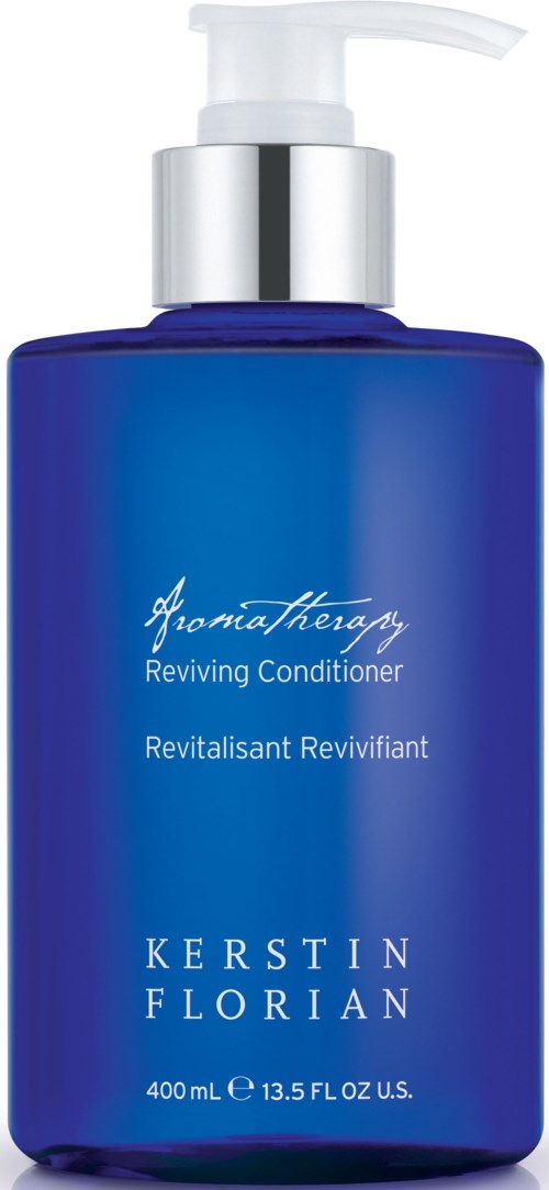 En blå flaska med pump, märkt 'Reviving Conditioner' av Kerstin Florian, 400 ml.