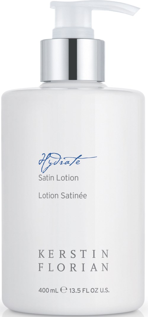 En vit flaska med pump, märkt Hydrate Satin Lotion av Kerstin Florian, 400 ml.