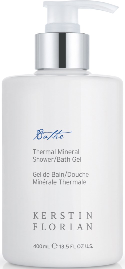 En vit flaska med pump, märkt som termisk mineral dusch- och badgelé, av Kerstin Florian, 400 ml.