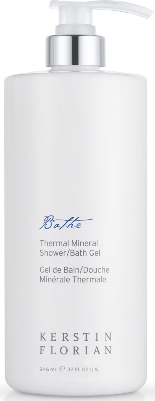 En vit pumpflaska för dusch- eller badgelé, märkt Kerstin Florian Thermal Mineral. Enkel och ren design.