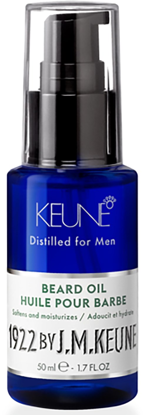 Blue bottle of beard oil with pump, labeled for men, contains 50ml, helps with beard growth and moisture.