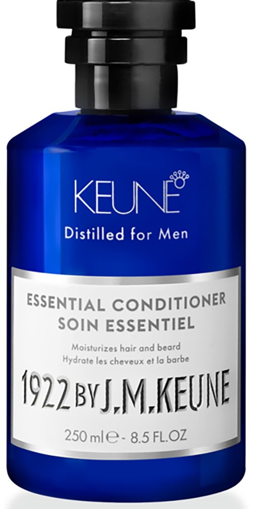 Blue bottle of Keune essential conditioner for men's hair and beard, 250 ml.