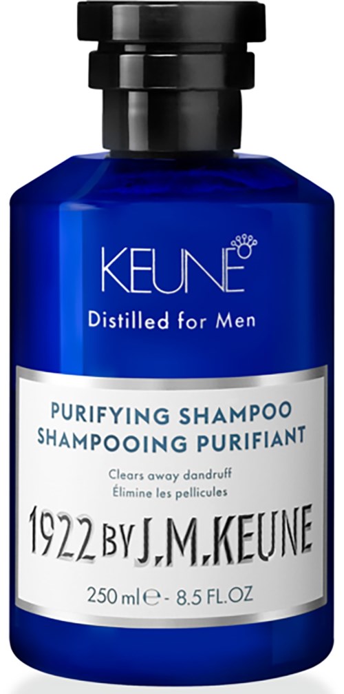 Blue bottle of Keune Purifying Shampoo for men, helps remove dandruff, size 250 ml.