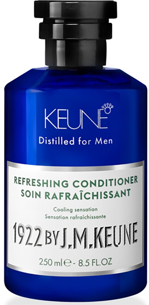 Blue bottle of Keune cooling conditioner for men, 250ml, with a black cap and white label.
