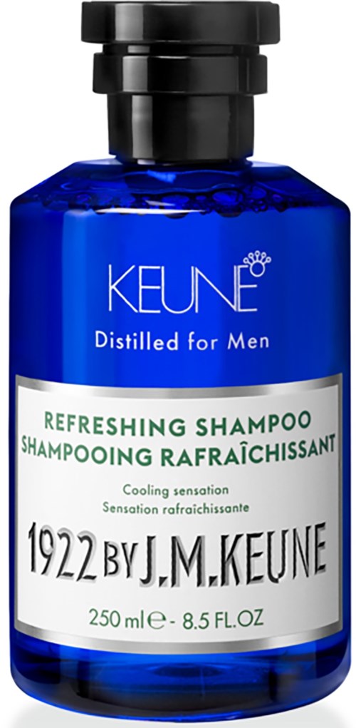 A blue bottle of Keune refreshing shampoo for men, 250 ml, with a black cap, designed for a cooling sensation.