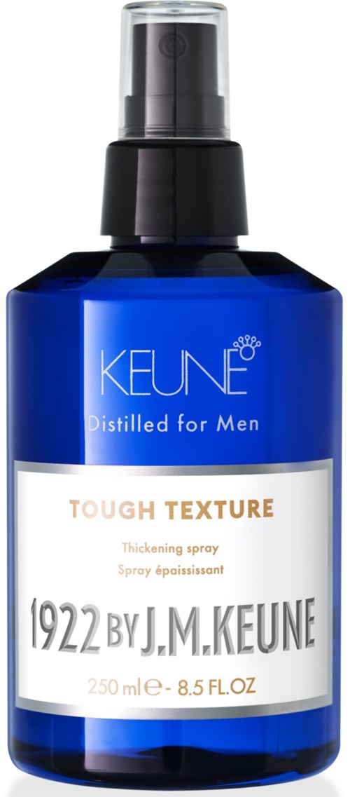Blue bottle with spray nozzle, labeled as Keune Tough Texture thickening spray for men, size 250ml.