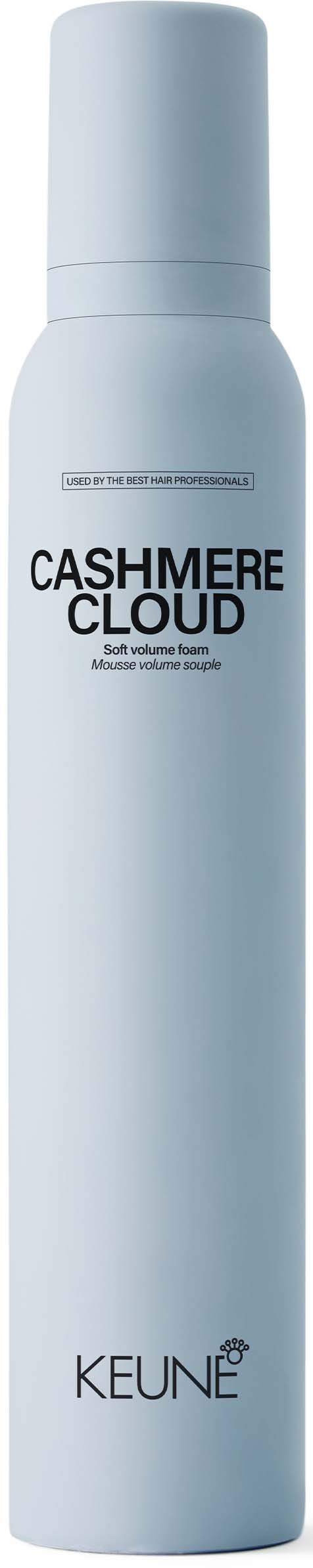 A tall, white spray bottle labeled 'Cashmere Cloud' with the brand name 'Keune' at the bottom.