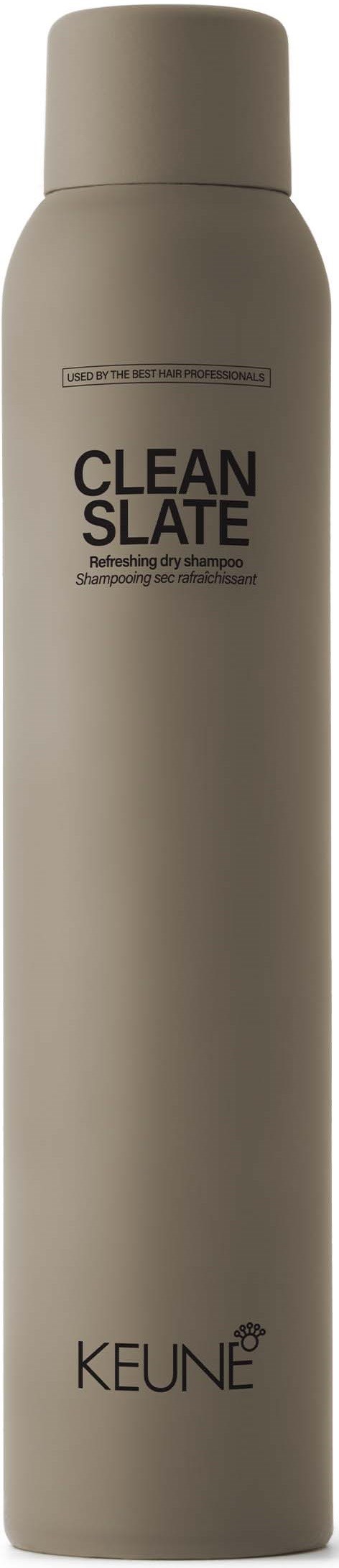 Pitkä beige pullo, jossa lukee 'CLEAN SLATE' ja 'KEUNE', todennäköisesti shampoo tai suihkugeeli.