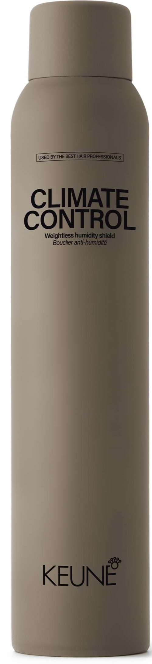 A tall, gray, cylindrical spray bottle labeled 'Climate Control' by Keune.