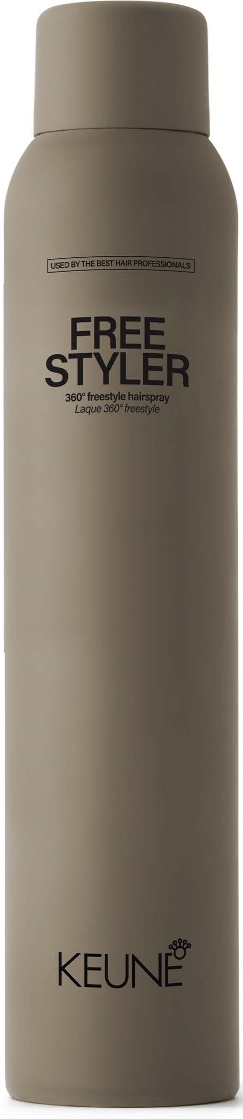 A tall, beige spray bottle labeled 'Free Styler' with 'Keune' brand at the bottom.