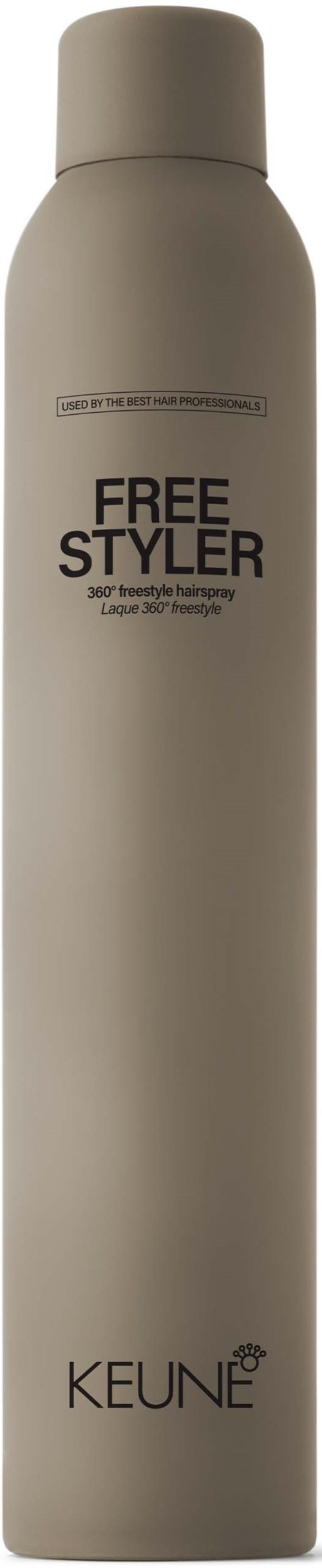 A tall, beige can with a rounded cap, labeled "Free Styler" and "Keune," likely a hair styling product.