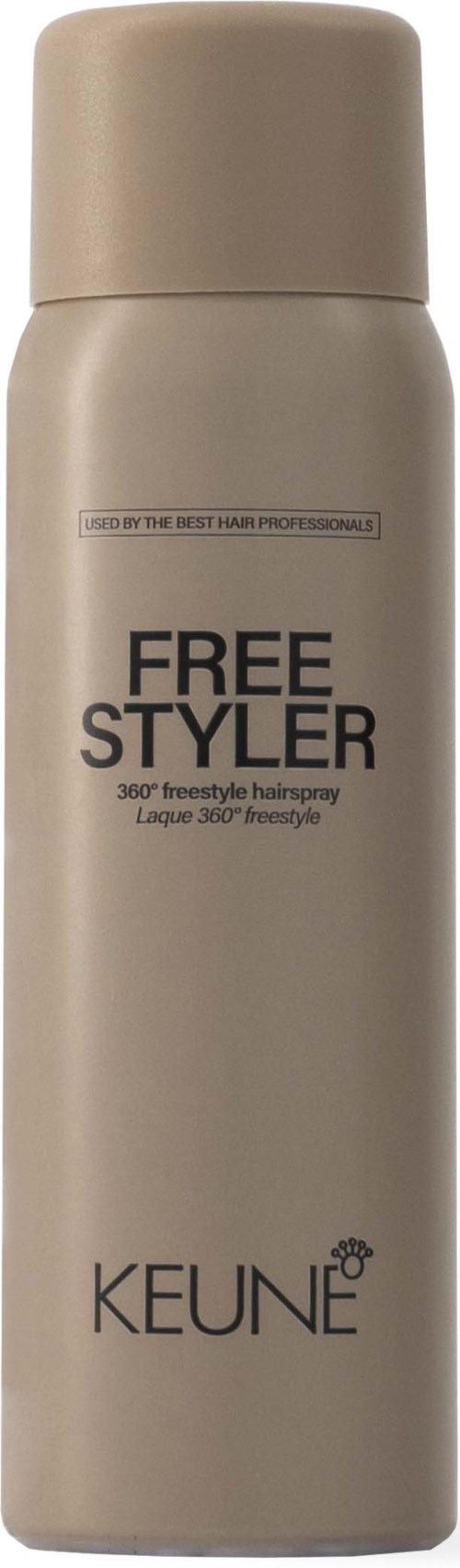 A beige can of KEUNE Free Styler spray with black text, designed for hair styling.