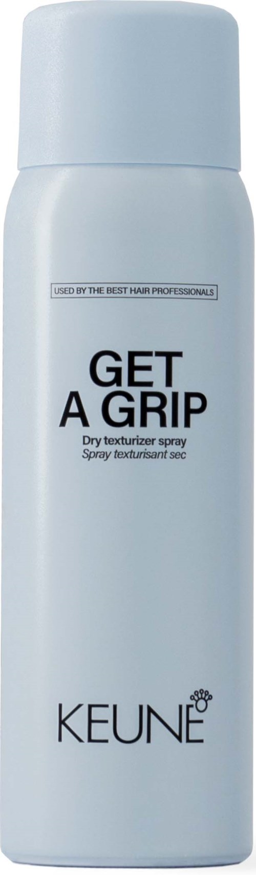 A white spray bottle labeled 'GET A GRIP' for dry textured hair, with brand name KEUNE and small details.