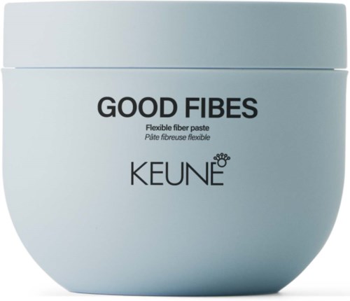 A round, light blue container with a white lid, labeled 'GOOD FIBES' and 'KEUNE' for hair product.