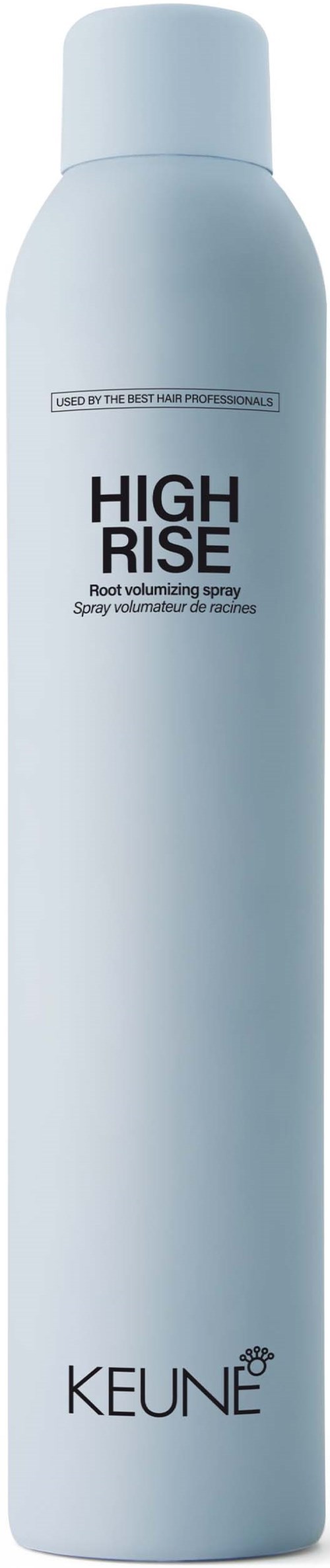 A tall, white spray can with black text labeled 'HIGH RISE' and 'KEUNE' at the bottom.
