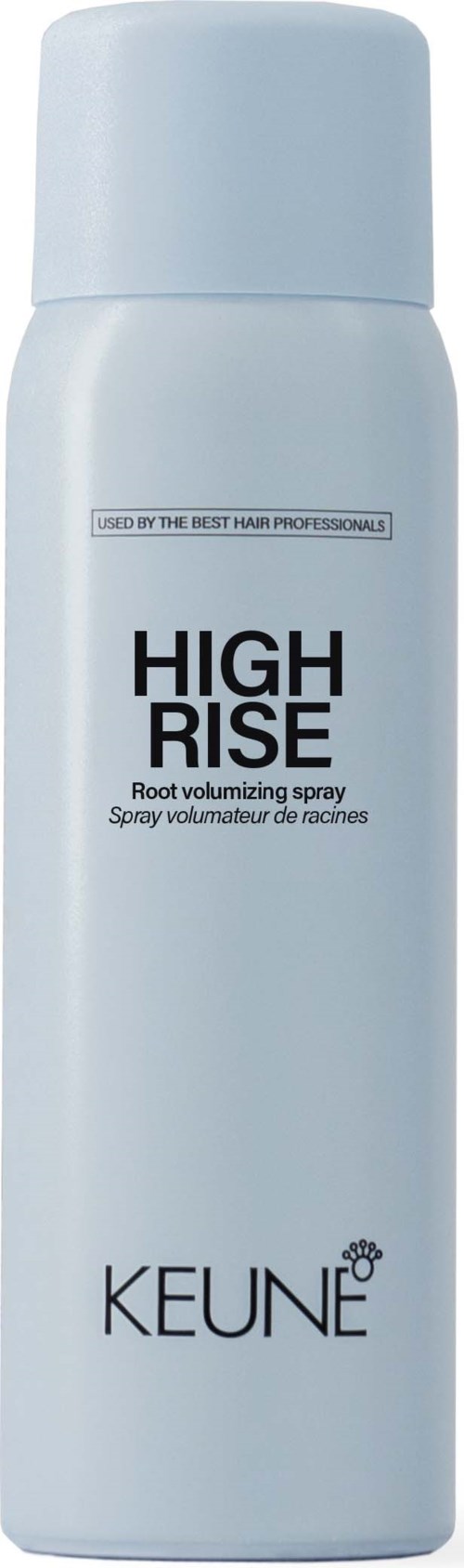 A white bottle labeled 'High Rise' and 'Keune' for root volumizing spray.