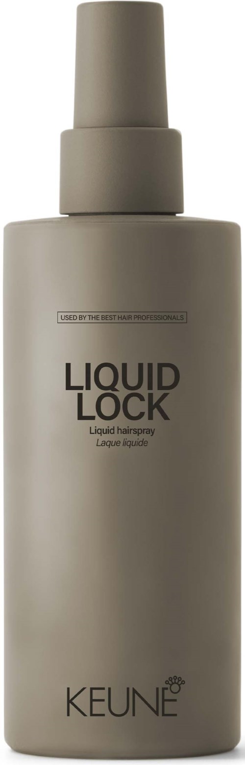 Beige pullo, jossa lukee 'Liquid Lock' ja on suihkepäinen, merkki 'Keune', hiustenhoitoon.