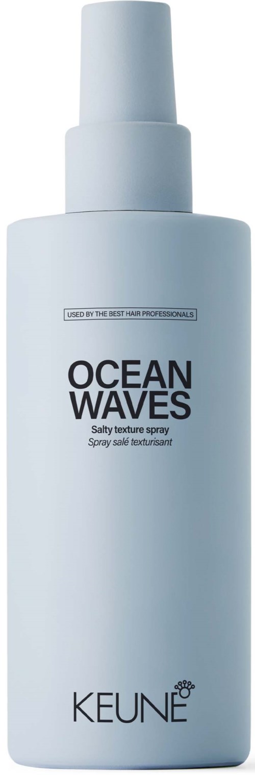 A white spray bottle labeled 'Ocean Waves' for salt texture, with the brand 'Keune' at the bottom.