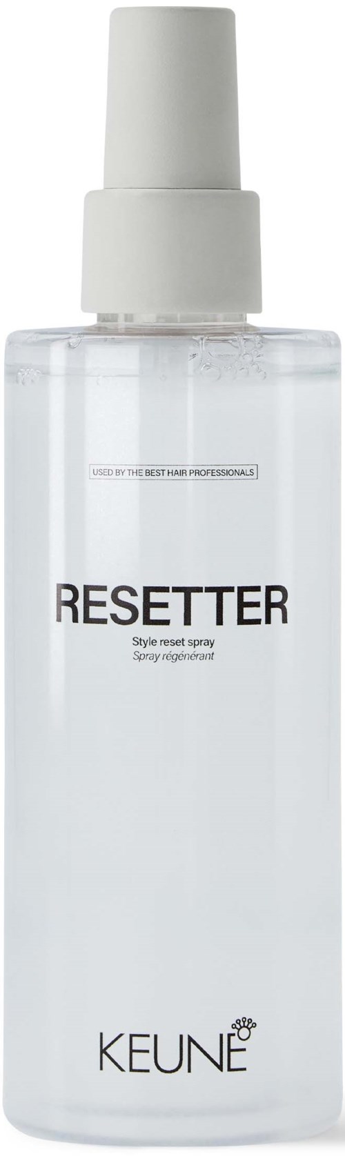 A clear spray bottle labeled 'RESETTER' with a white spray top and brand name KEUNE.