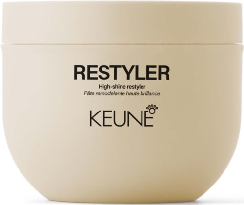A beige jar of hair styling product labeled 'RESTYLER' by KEUNE, for high-shine hair finish.