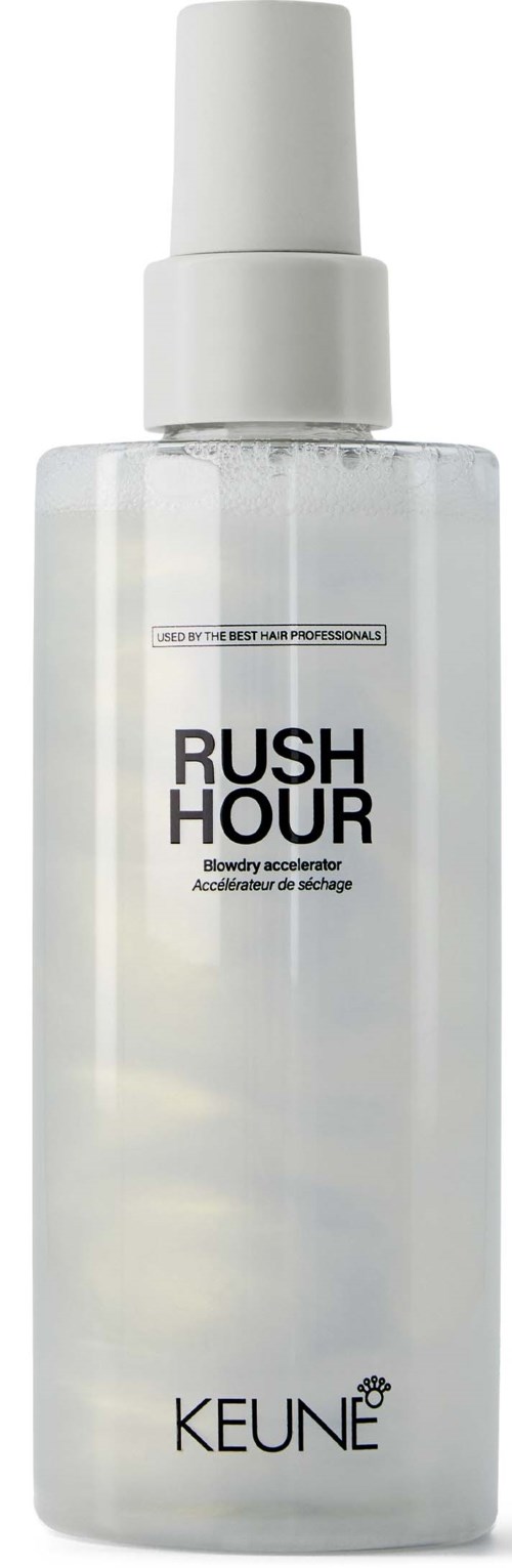 A clear plastic spray bottle with white cap and label, labeled 'RUSH HOUR' by KEUNE.