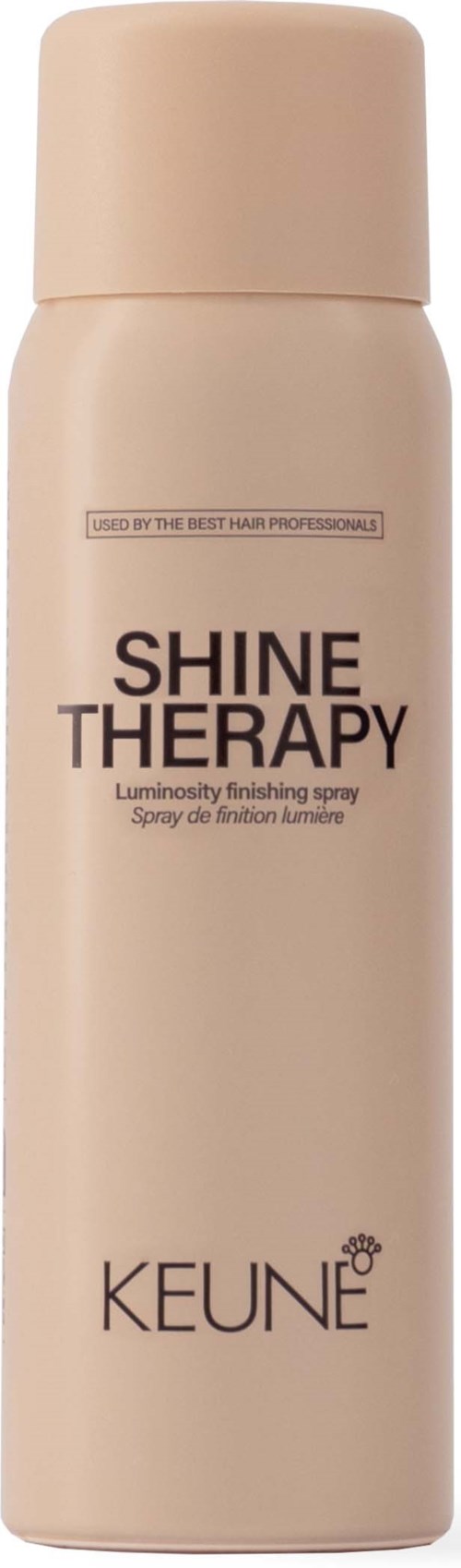 A beige aerosol spray can labeled 'Shine Therapy' by Keune, designed for hair finishing with a simple, clean design.