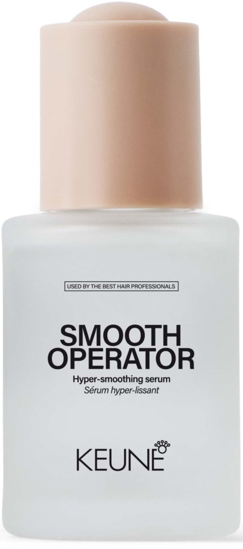 A white bottle with a beige cap labeled 'Smooth Operator' hydrating serum by Keune, used for hair care.