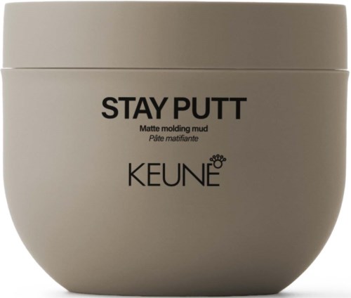 A beige container labeled "STAY PUTT" with description and brand KEUNE, used for matte molding mud.