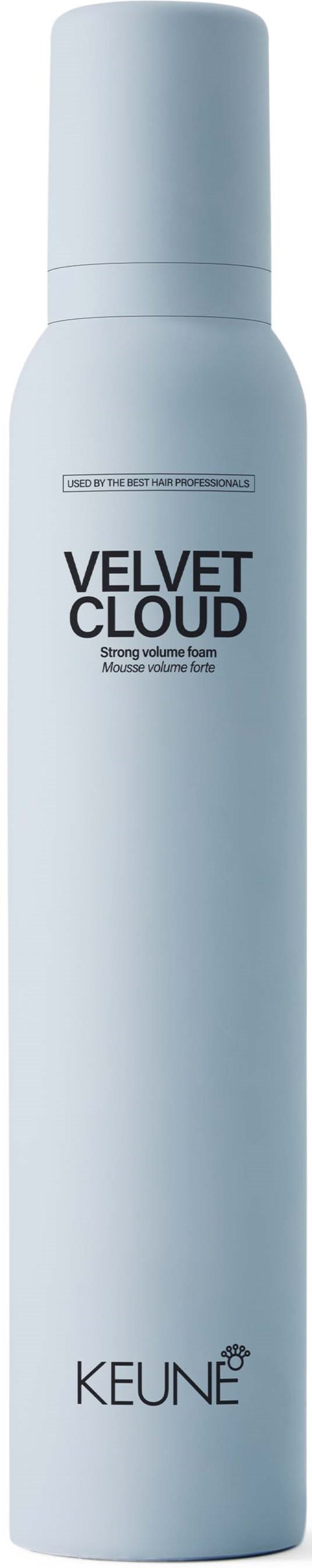A tall, white cylindrical spray bottle labeled "Velvet Cloud" by Keune. It is a hair care product.