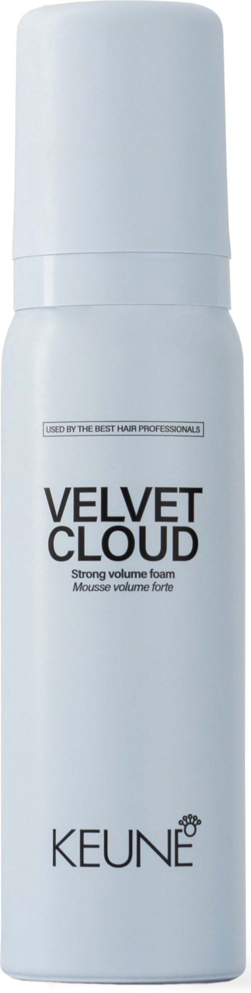 A white cylindrical aerosol can labeled 'Velvet Cloud' by Keune, likely a hair styling foam product.