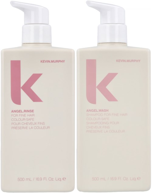 Zwei Flaschen mit weißen Pumpaufsätzen, rosafarbener Text mit Kevin Murphy, beschriftet Angel Rinse und Angel Wash.